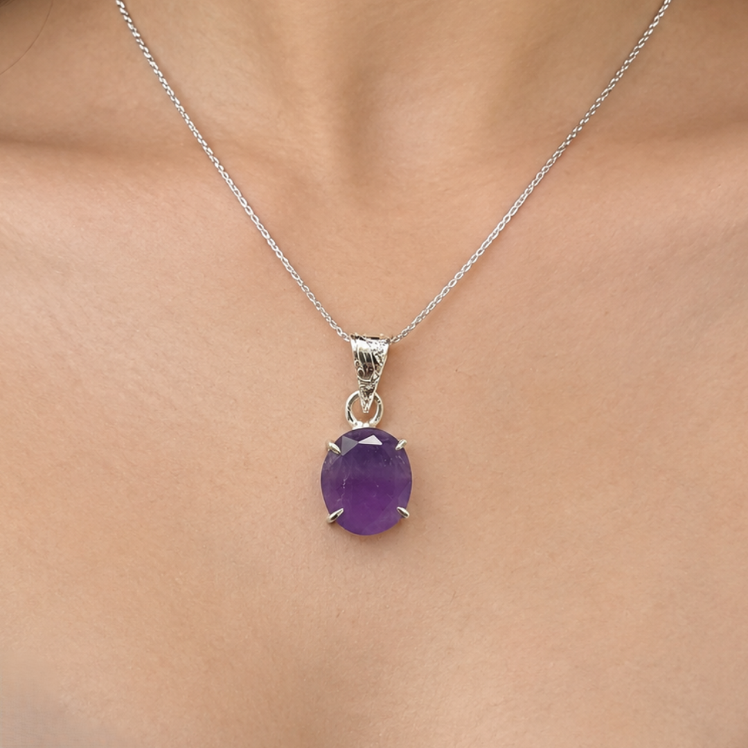 Amethyst Necklace Worn On Neck With Oval Purple Stone Pendant