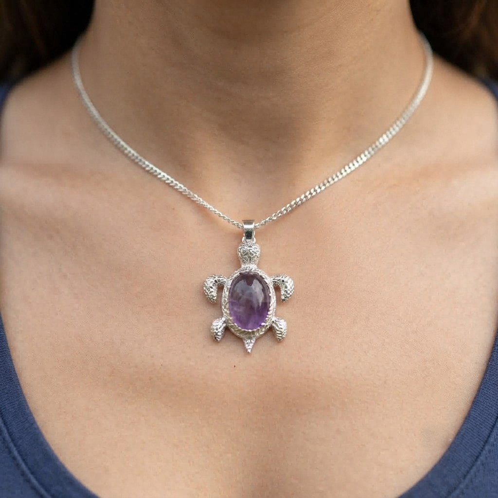 Purple Gemstone Turtle Necklace With Amethyst Center Stone And Included Chain