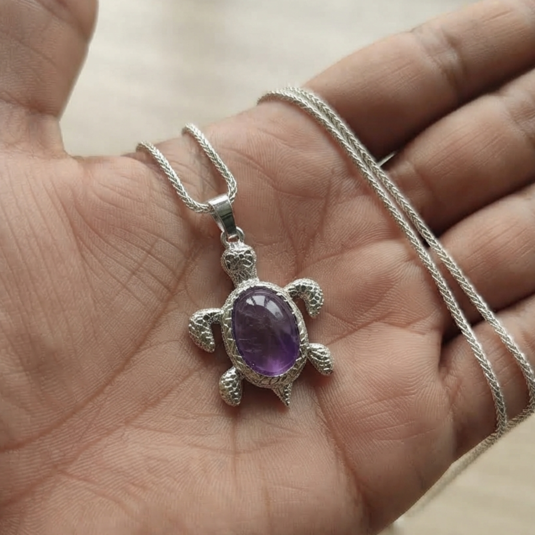 Purple Amethyst Turtle Pendant Necklace With Silver-Tone Bail And Chain