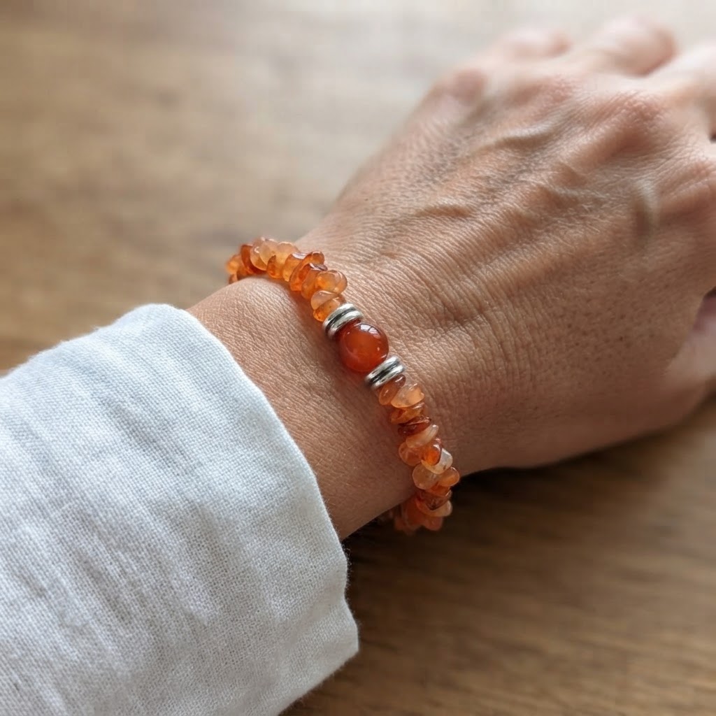 Natural Orange Carnelian Stone Bracelet Worn on Wrist with Silver Spacer Beads – Elegant Crystal Chip Bracelet for Everyday Wear | OneTrend