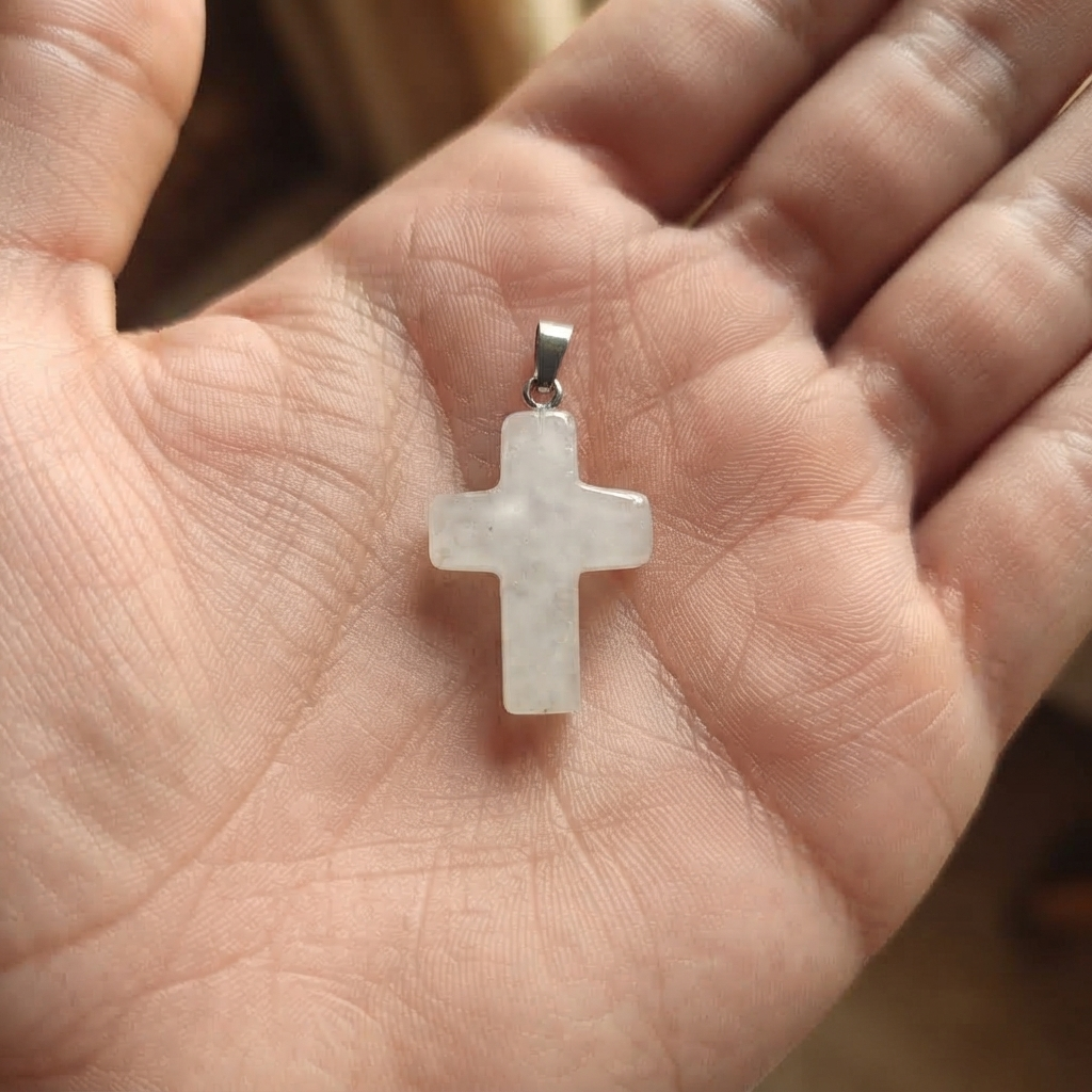 Christian clear quartz cross necklace shown against a gray top
