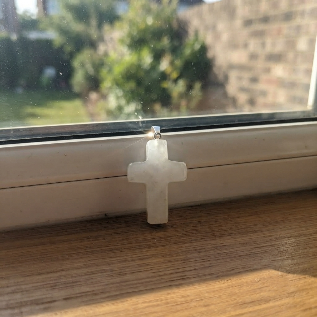 Crystal cross pendant necklace featuring a clear white quartz cross