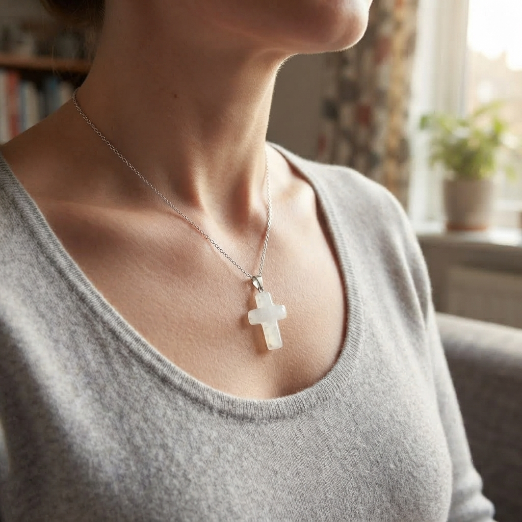 Religious cross pendant necklace featuring a clear quartz cross design