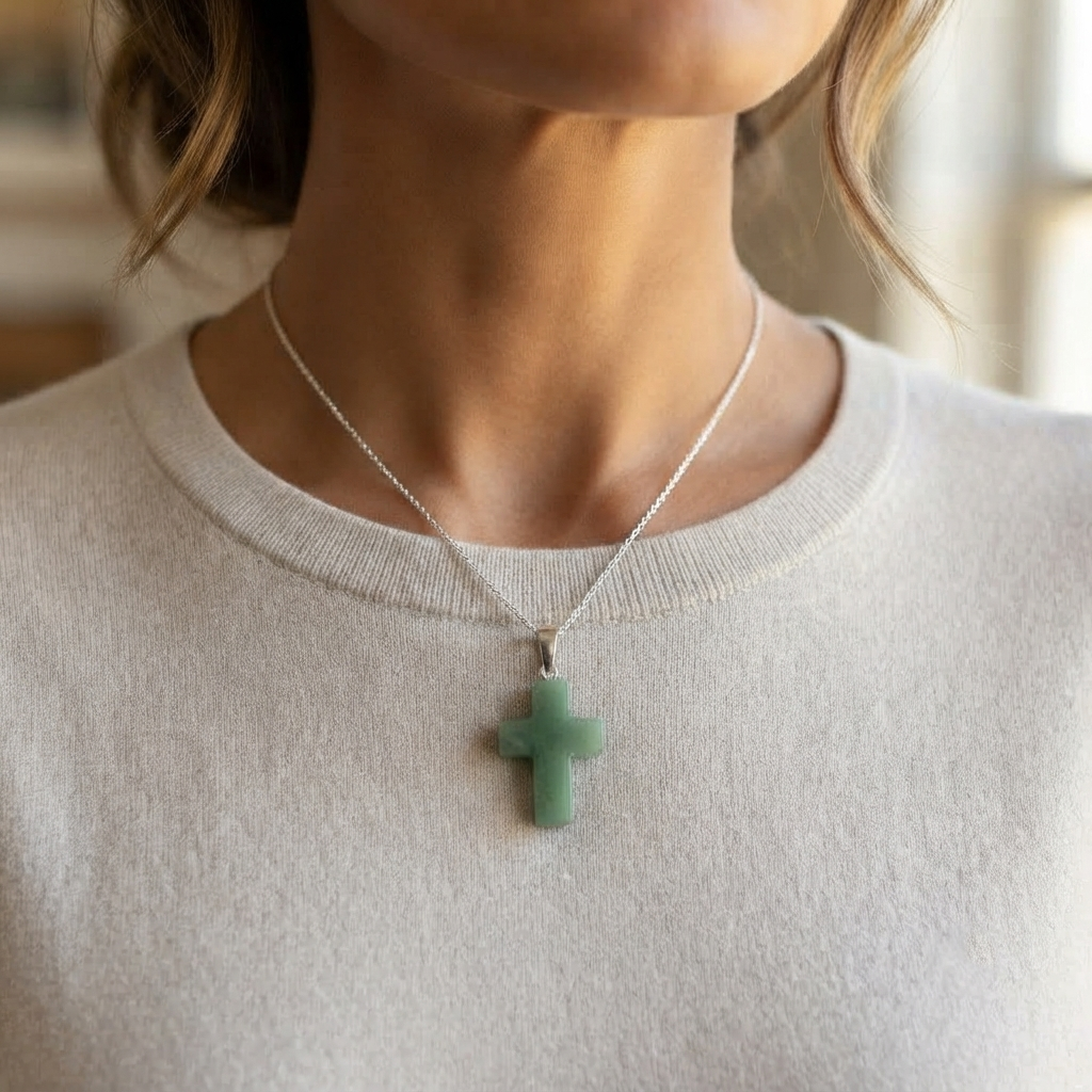 Aventurine cross pendant necklace with a green gemstone and included chain