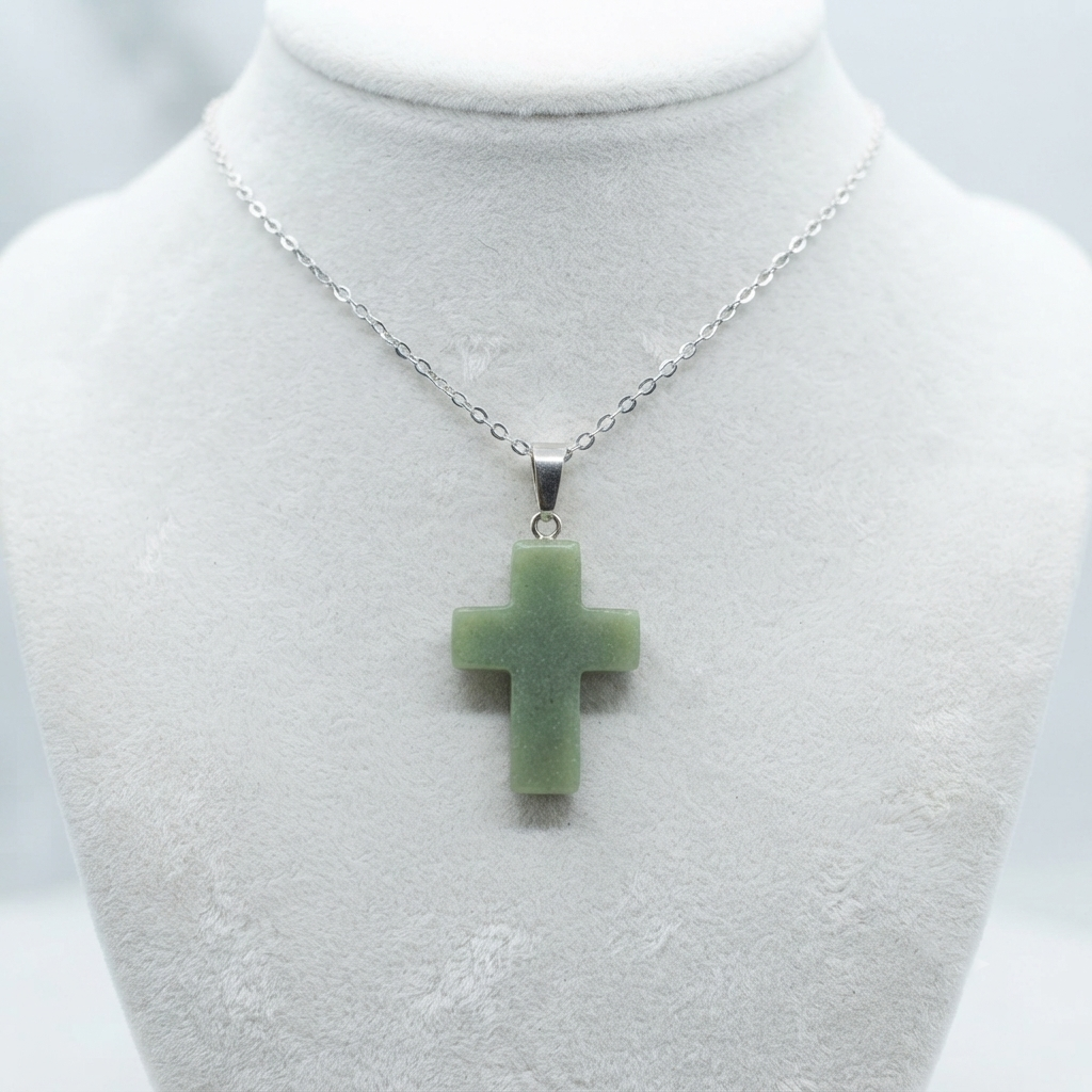 Green stone Christian cross necklace displayed on the neckline