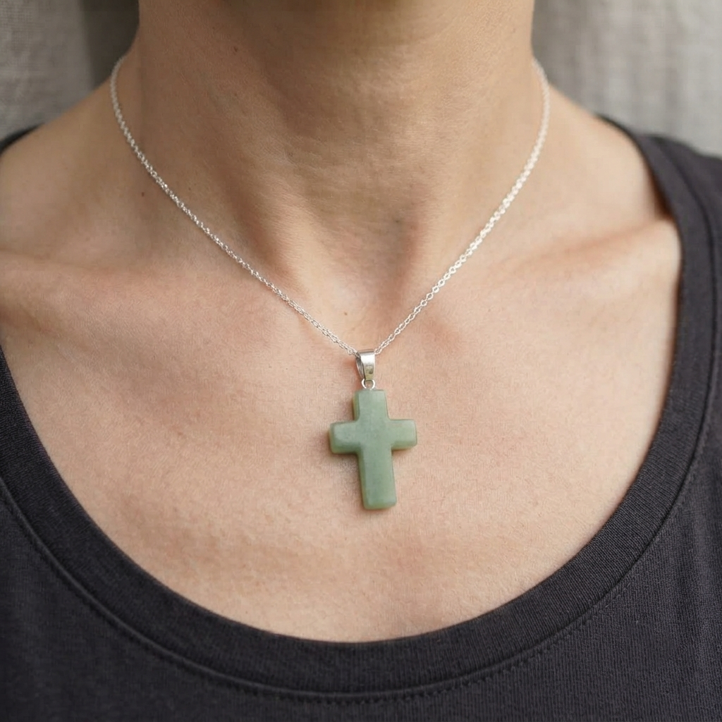 Green Aventurine pendant featuring a Christian cross shape and silver-tone bail