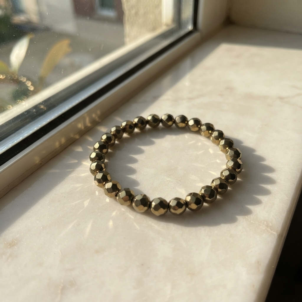 Pyrite Bead Bracelet In Metallic Gold Tone On Hand