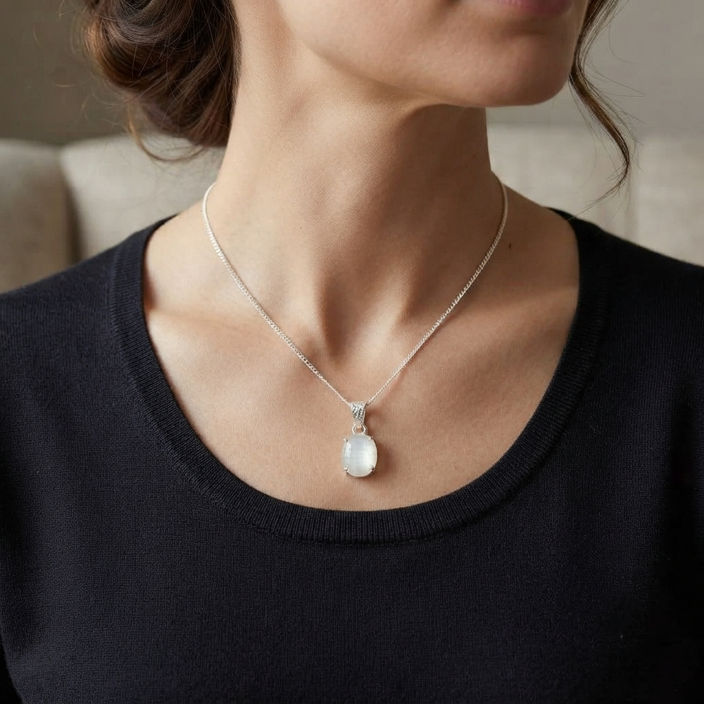 Rainbow Moonstone Pendant Oval Cabochon Center Stone Prong Setting