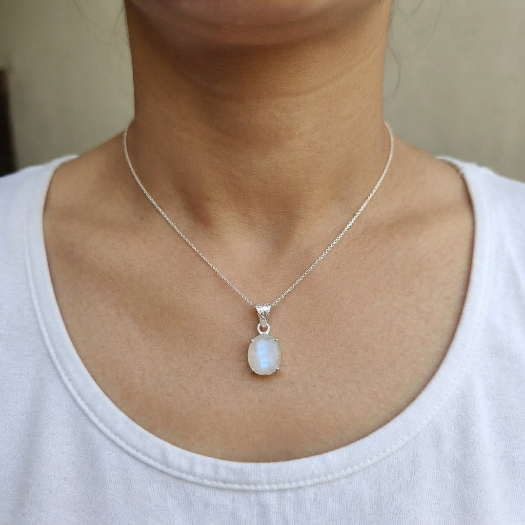 Rainbow Moonstone Pendant Close View Of White Stone With Blue Flash