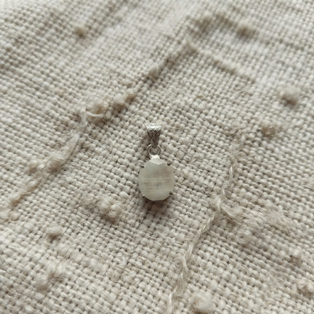 Rainbow Moonstone Pendant Necklace Display With Silver Tone Chain Visible