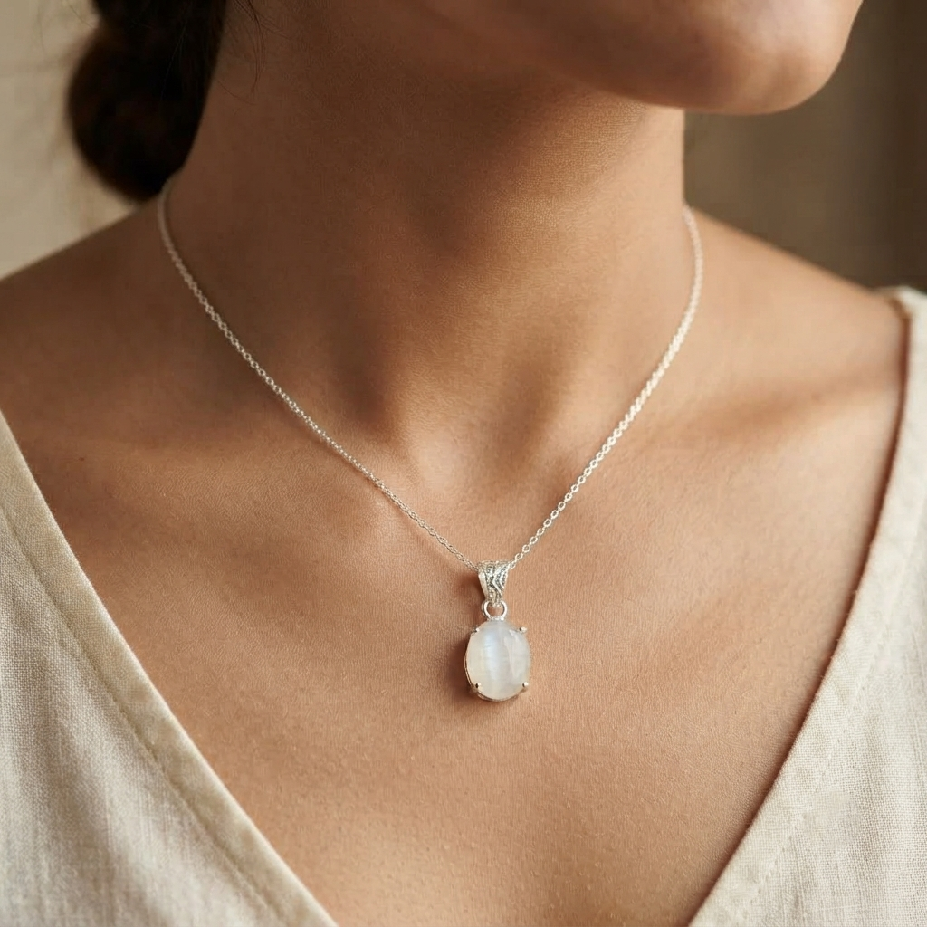 Rainbow Moonstone Pendant Hanging On Black Jewelry Display Bust