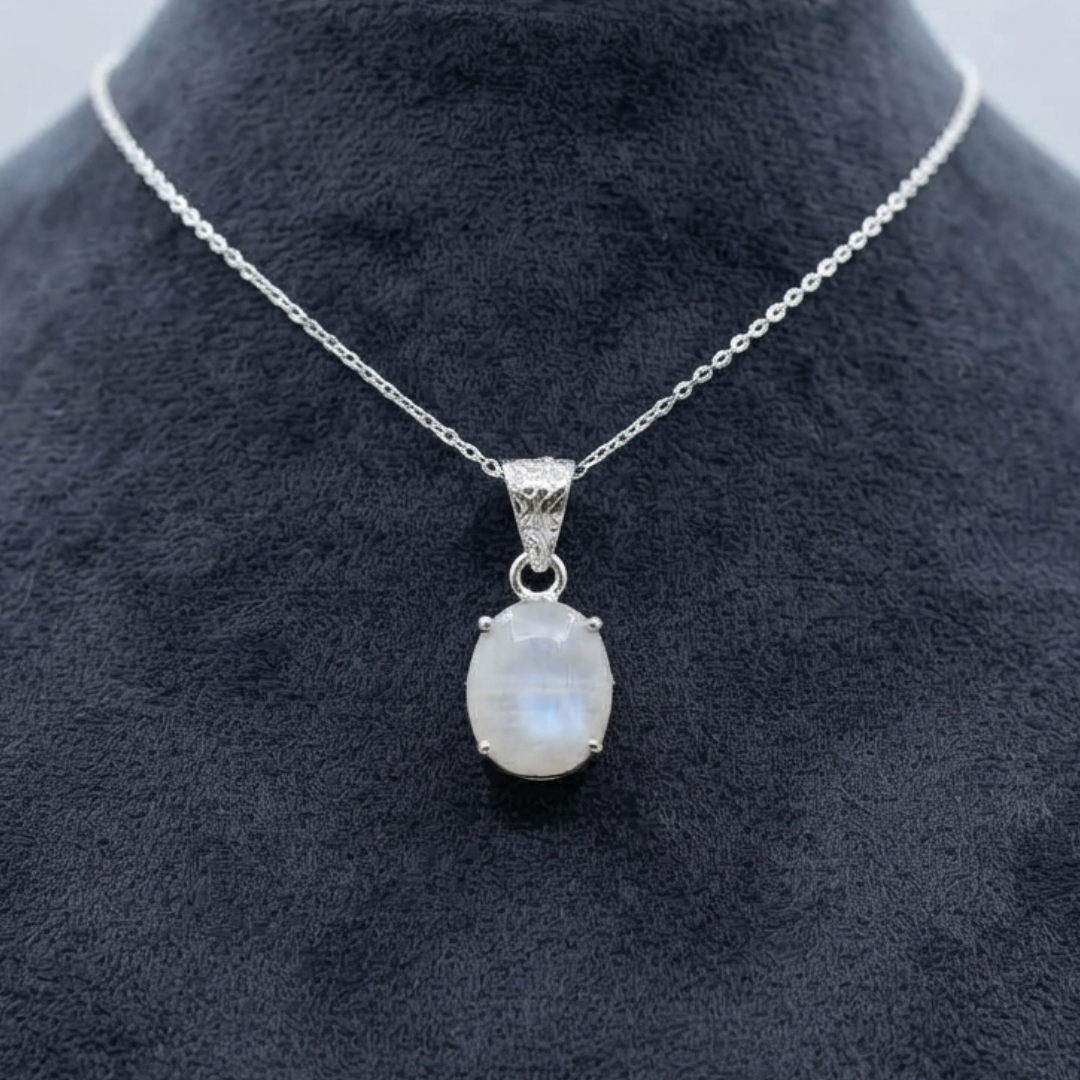 Rainbow Moonstone Pendant With Oval Cabochon On Silver Tone Chain