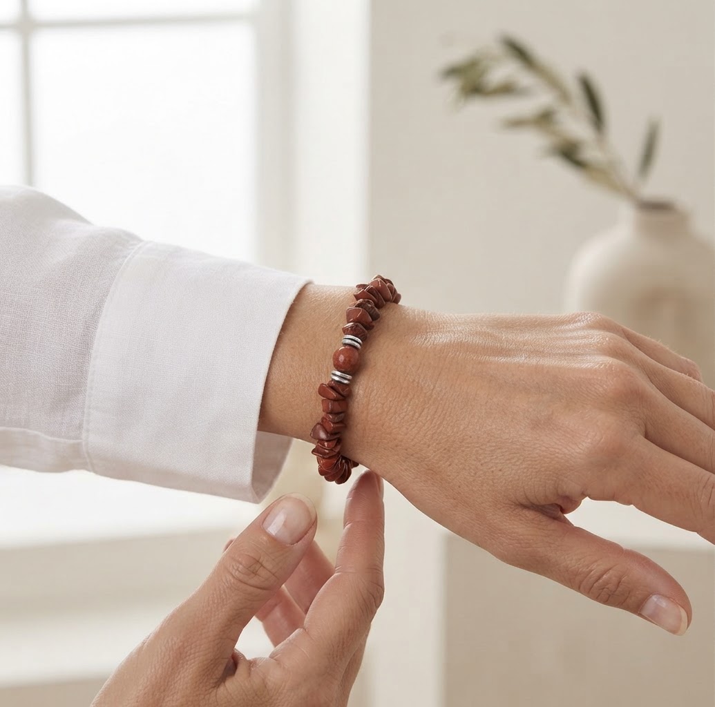 Elegant Red Jasper Gemstone Chip Bracelet Worn on Hand – Brownish Red Natural Stone Beaded Bracelet for Everyday Wear | OneTrend