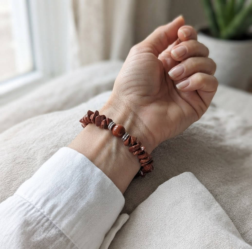 Natural Red Jasper Stone Chip Beaded Bracelet with Silver Spacers Worn on Wrist – Stylish Gemstone Jewelry for Women | OneTrend India