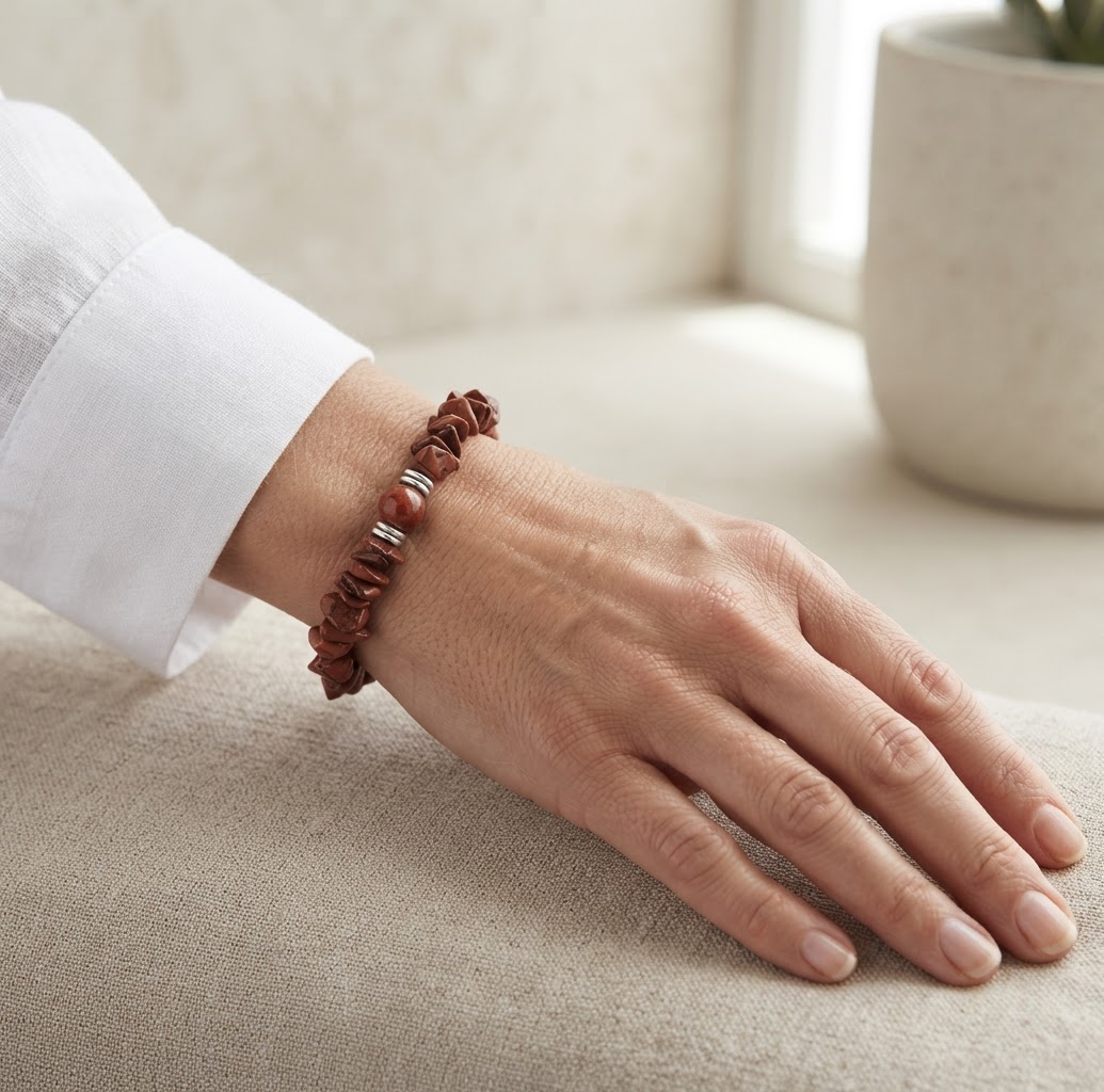 Natural Red Jasper Crystal Bracelet with Silver Spacer Beads Styled on Wrist – Minimalist Gemstone Fashion Jewelry for Women | OneTrend India