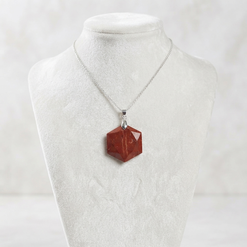 Faceted Red Jasper pendant necklace with a geometric hexagon design