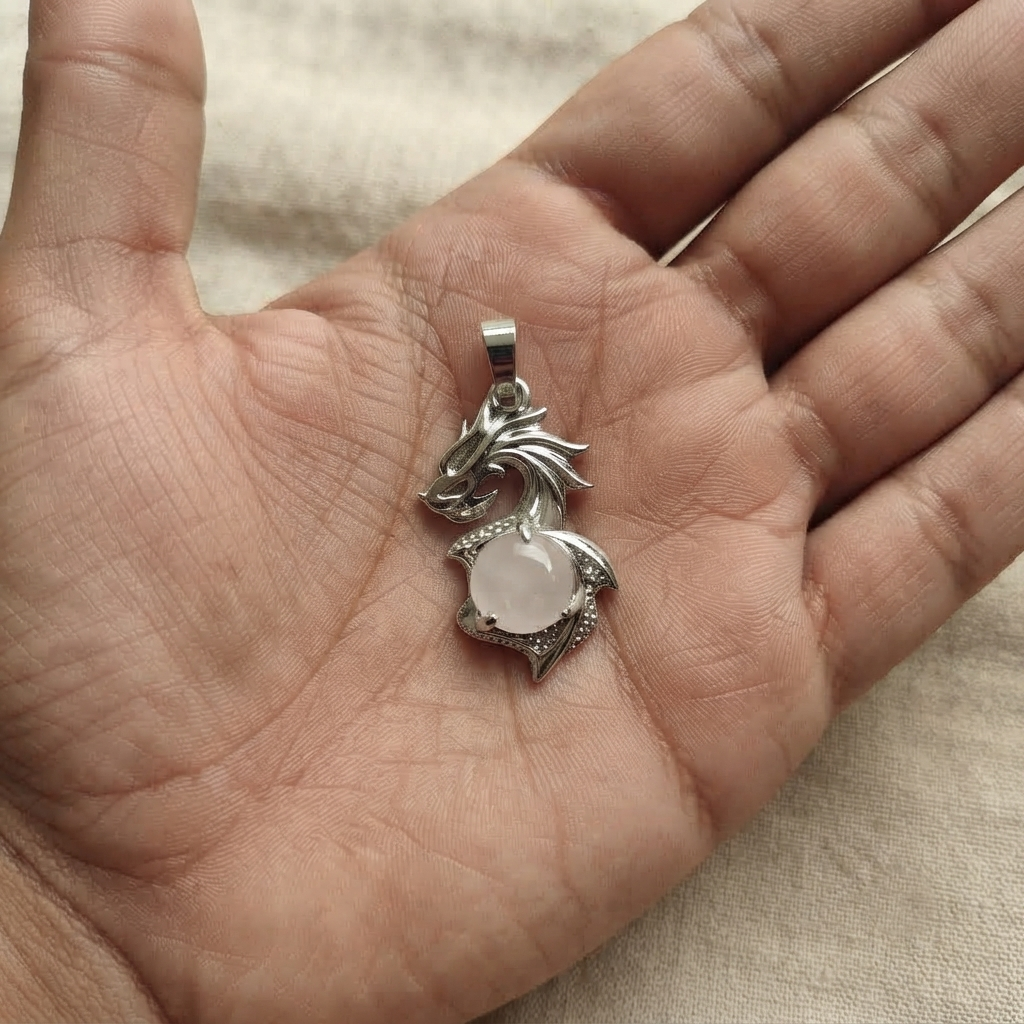 Rose Quartz Dragon Pendant Necklace With Light Pink Stone And Silver-Tone Bail