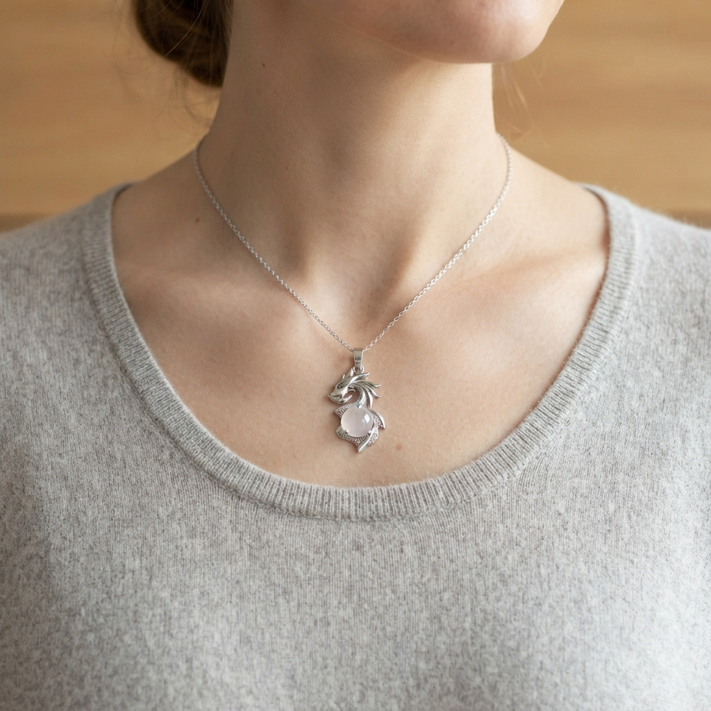 Pink Rose Quartz Dragon Jewelry Pendant With Chain
