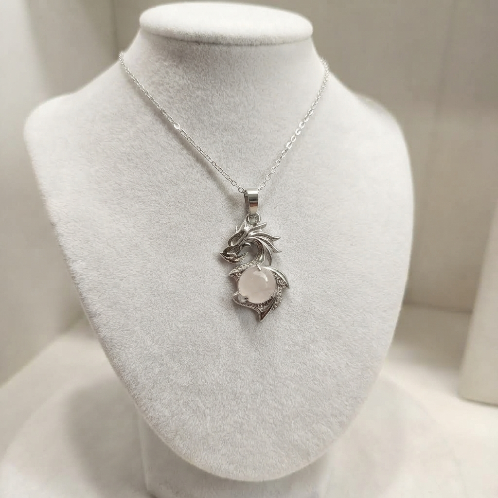 Rose Quartz Dragon Pendant Necklace With Light Pink Stone And Silver-Tone Bail