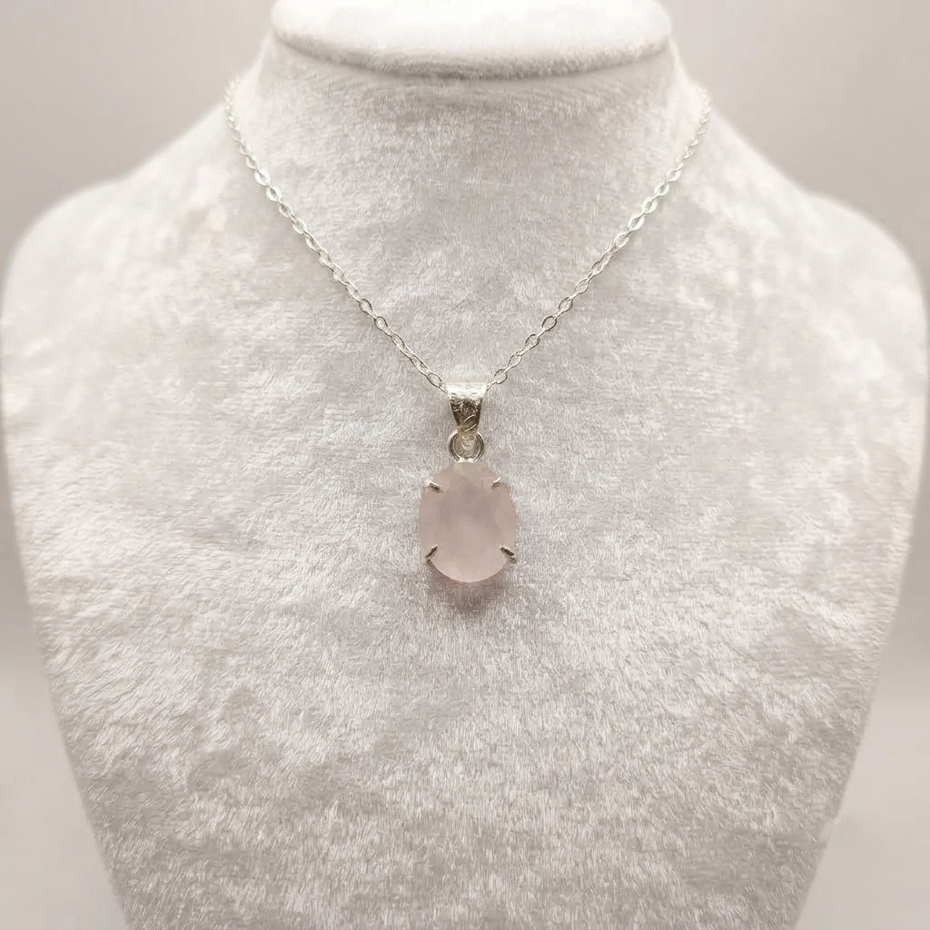 Rose Quartz Pendant With Oval Light Pink Stone In Prong Setting
