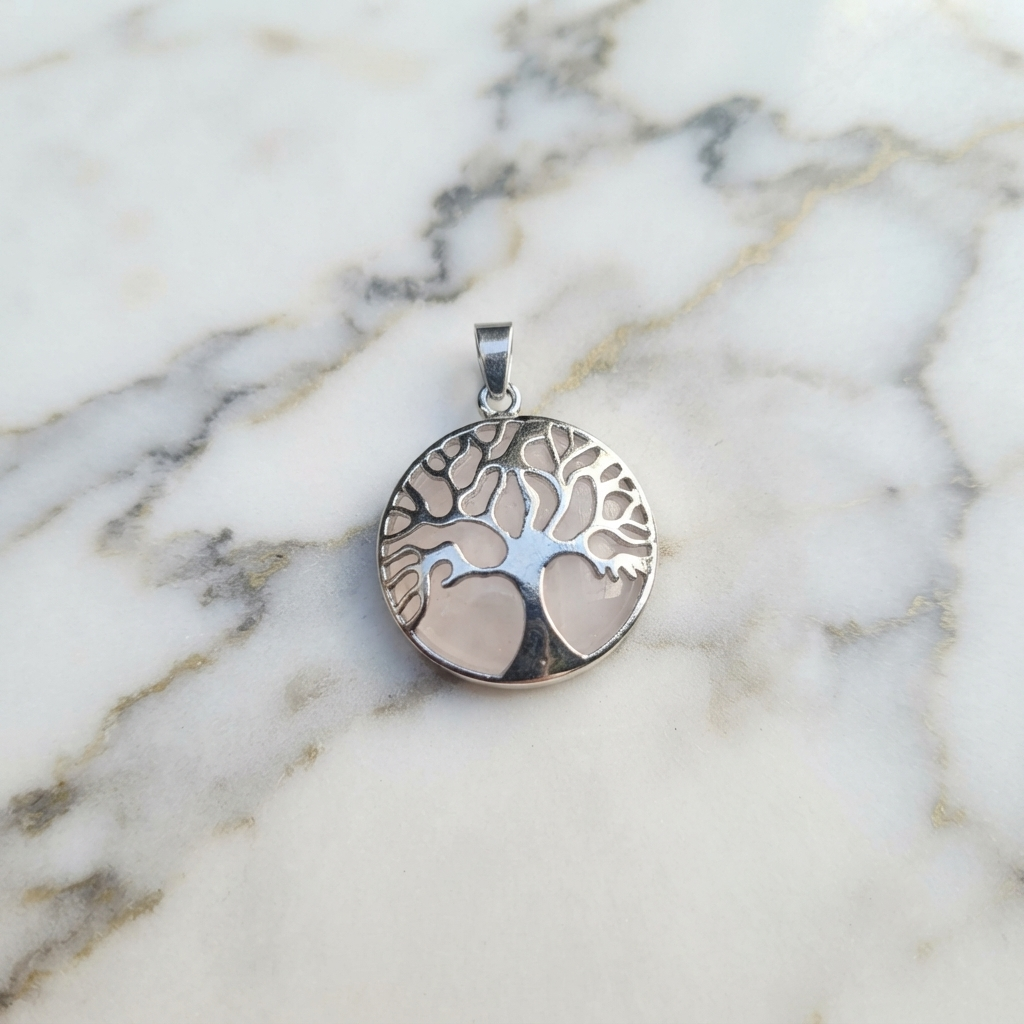 Rose Quartz gemstone necklace with a circular Tree Of Life design
