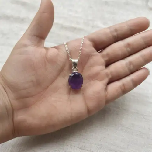 Amethyst Necklace Worn On Neck With Oval Purple Stone Pendant - 2nd View