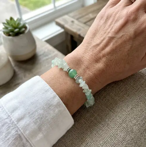 Green Aventurine Gemstone Chip Beaded Bracelet with Polished Green Center Bead and Silver Accents Displayed on Hand | OneTrend India - 2nd View
