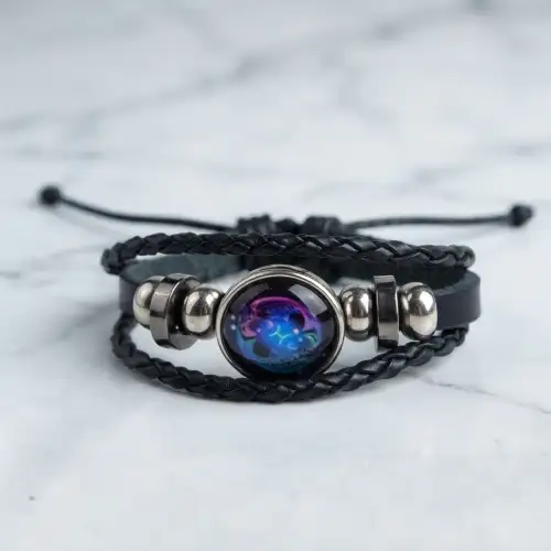 Pisces Zodiac Bracelet On Wrist With Black Braided Cord And Round Charm - 2nd View